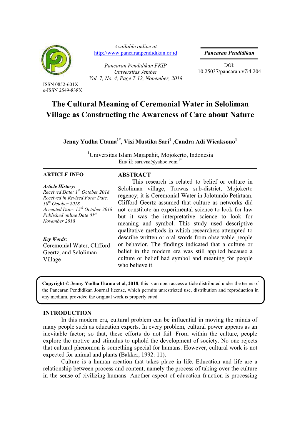 The Cultural Meaning of Ceremonial Water in Seloliman Village As Constructing the Awareness of Care About Nature