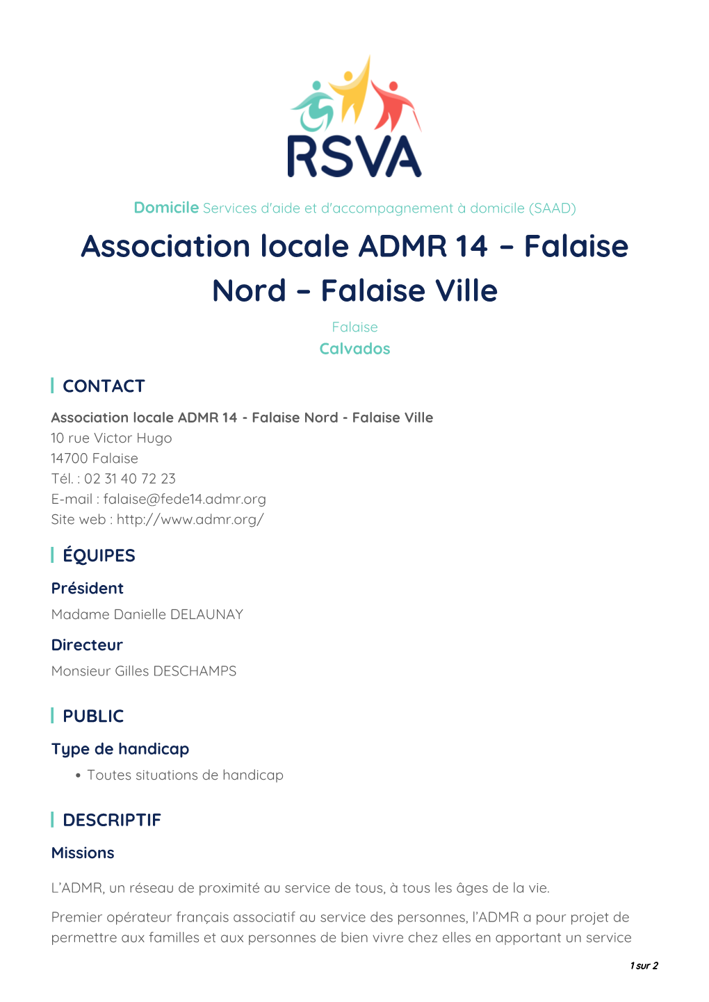 Association Locale ADMR 14 – Falaise Nord – Falaise Ville Falaise Calvados