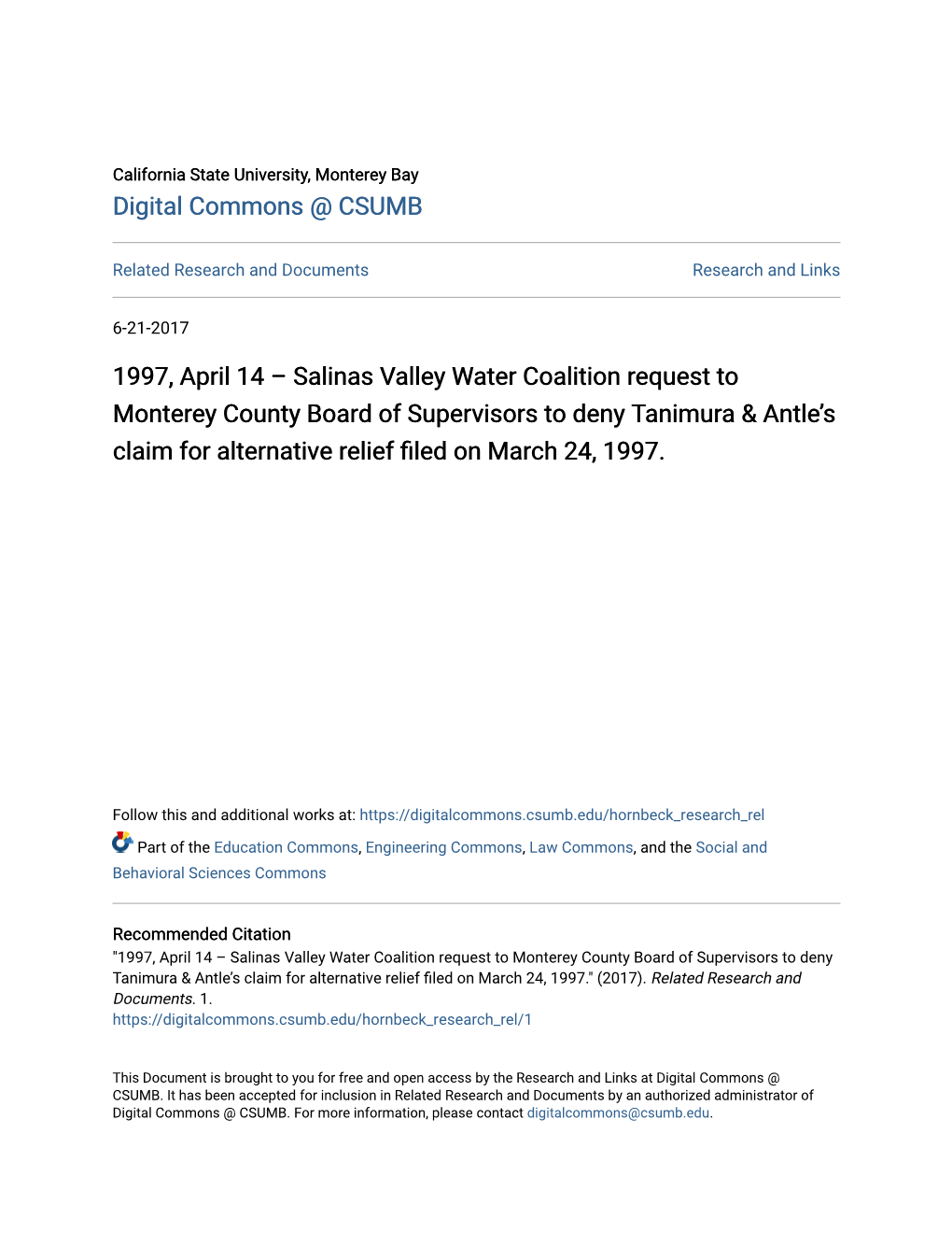 Salinas Valley Water Coalition Request to Monterey County Board of Supervisors to Deny Tanimura & Antle’S Claim for Alternative Relief Filed on March 24, 1997