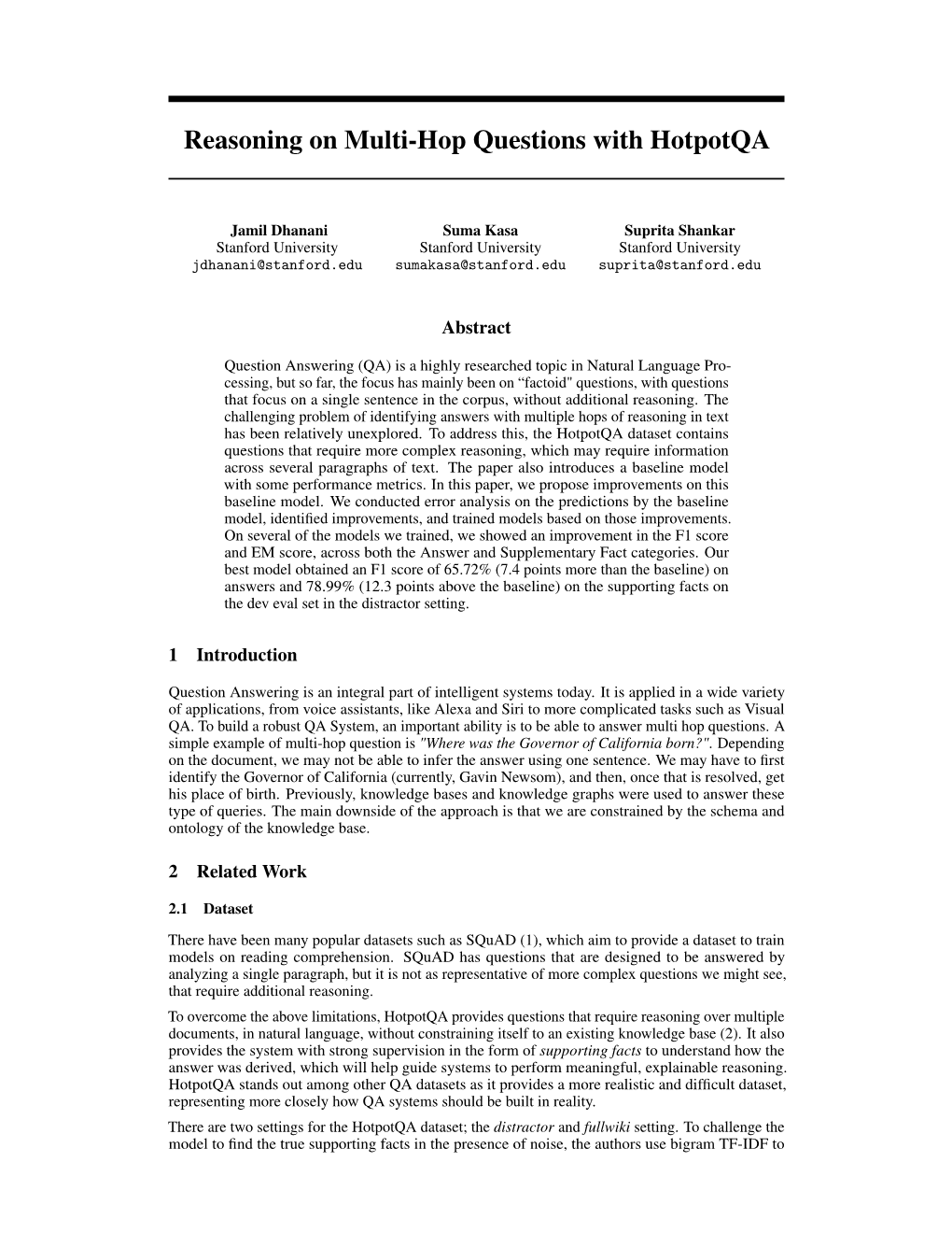 Reasoning on Multi-Hop Questions with Hotpotqa