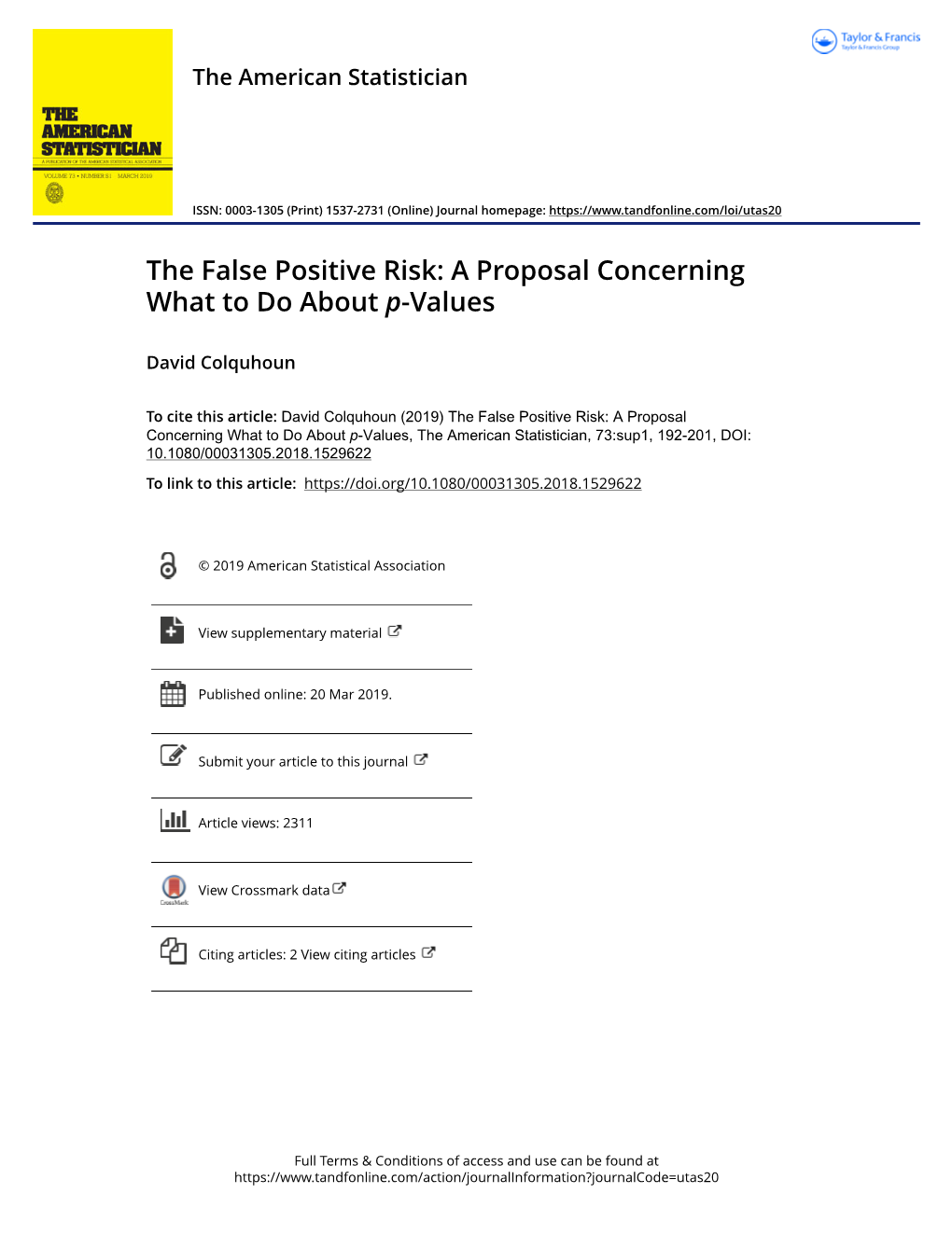 The False Positive Risk: a Proposal Concerning What to Do About P-Values
