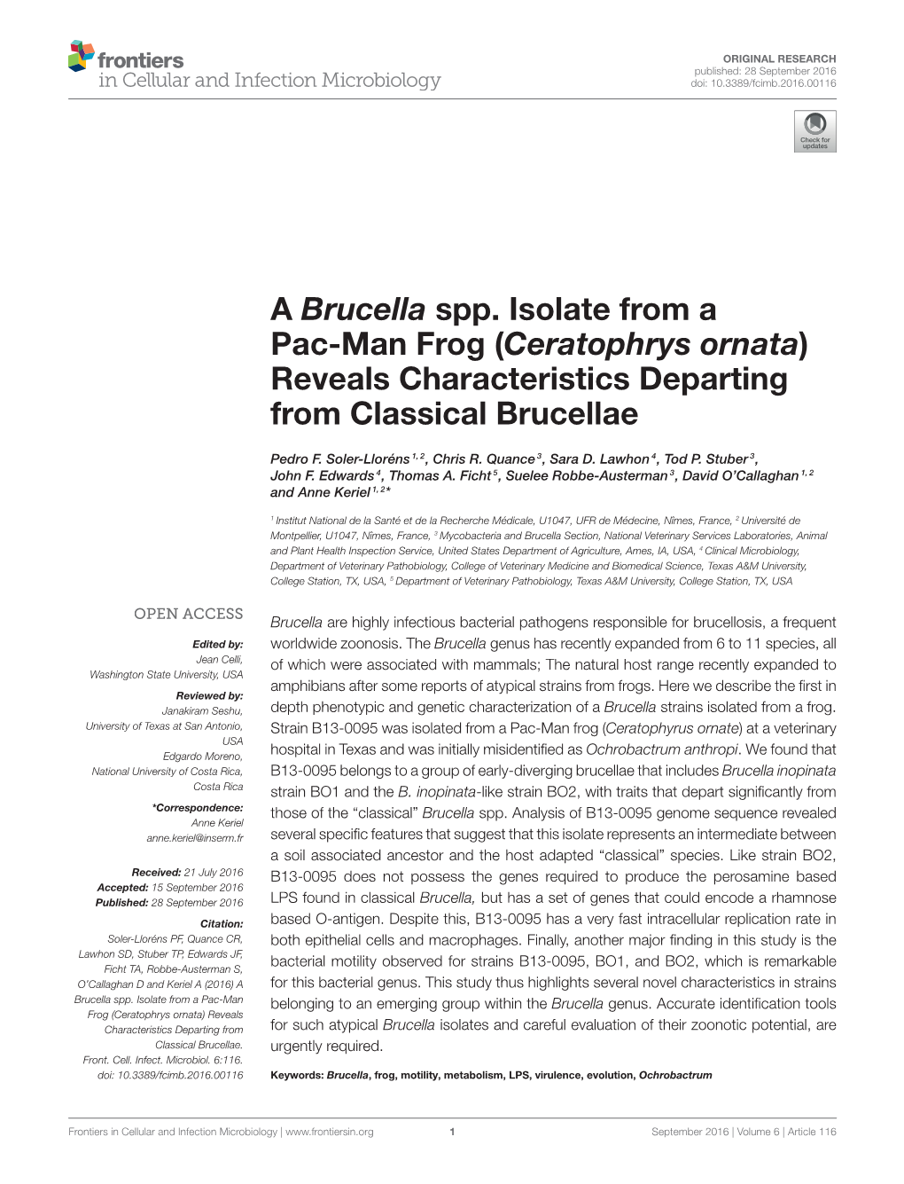 A Brucella Spp. Isolate from a Pac-Man Frog (Ceratophrys Ornata) Reveals Characteristics Departing from Classical Brucellae