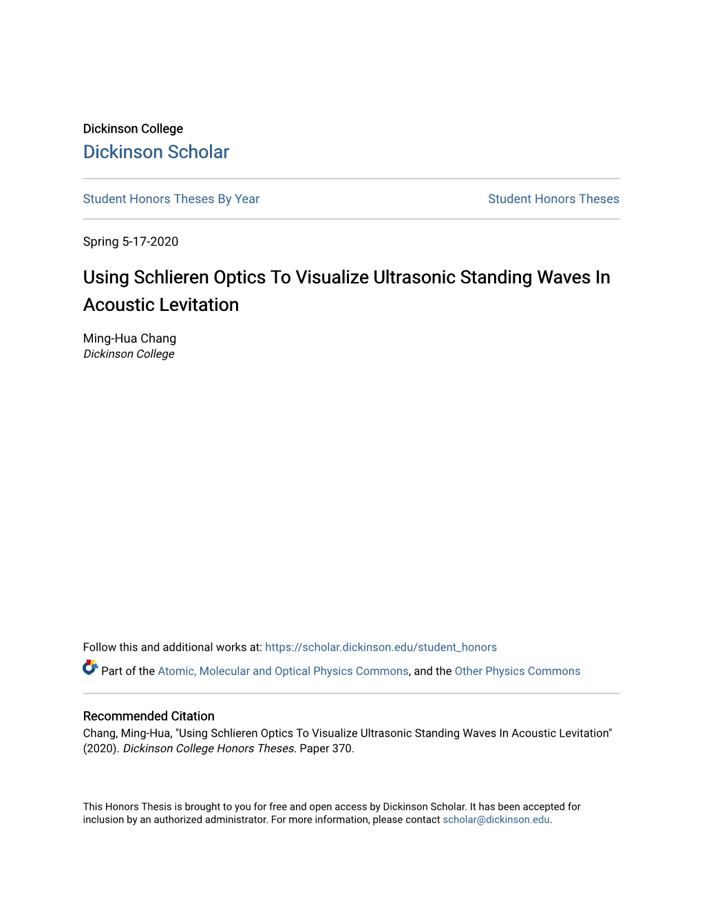 Using Schlieren Optics to Visualize Ultrasonic Standing Waves in Acoustic Levitation