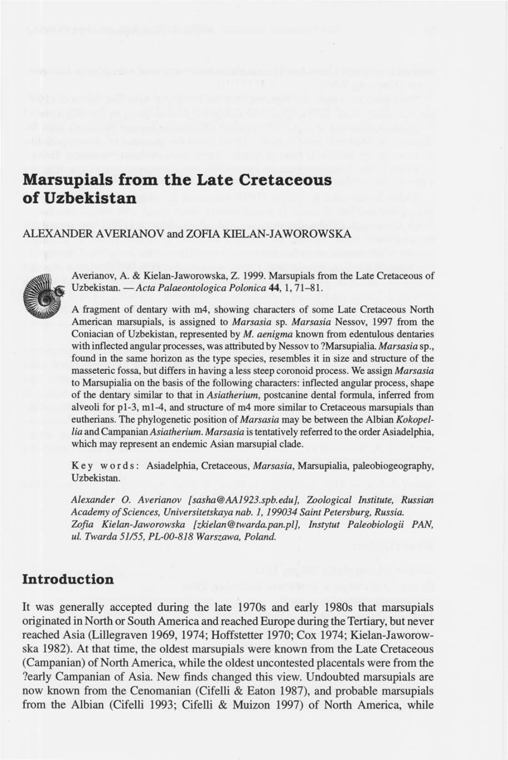 Marsupials from the Late Cretaceous of Uzbekistan