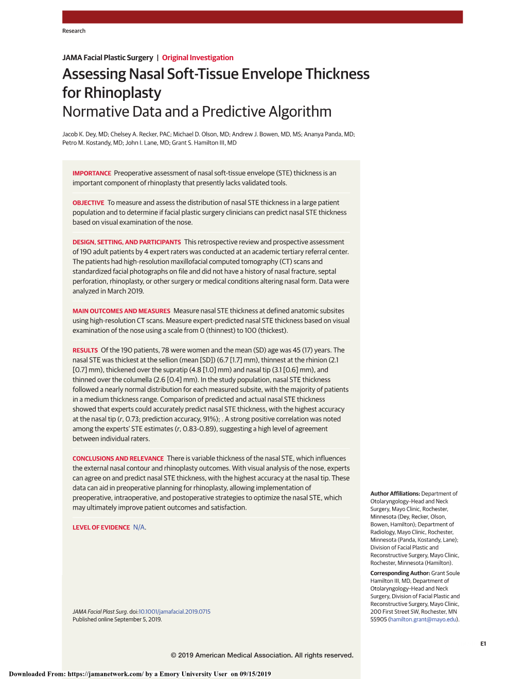 Assessing Nasal Soft-Tissue Envelope Thickness for Rhinoplasty Normative Data and a Predictive Algorithm