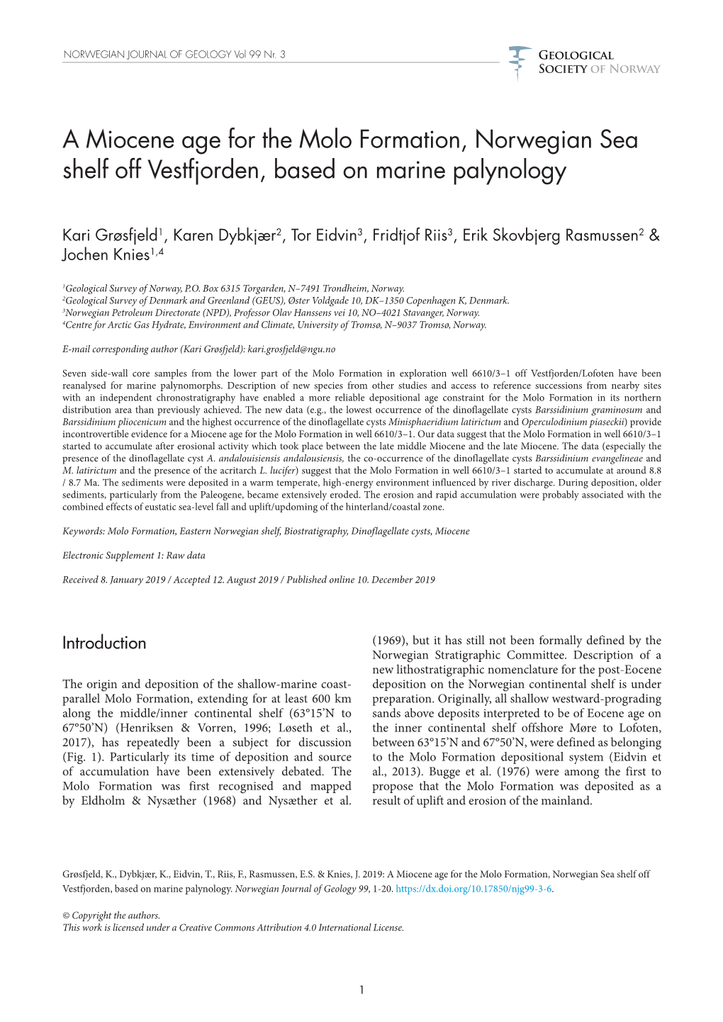A Miocene Age for the Molo Formation, Norwegian Sea Shelf Off Vestfjorden, Based on Marine Palynology