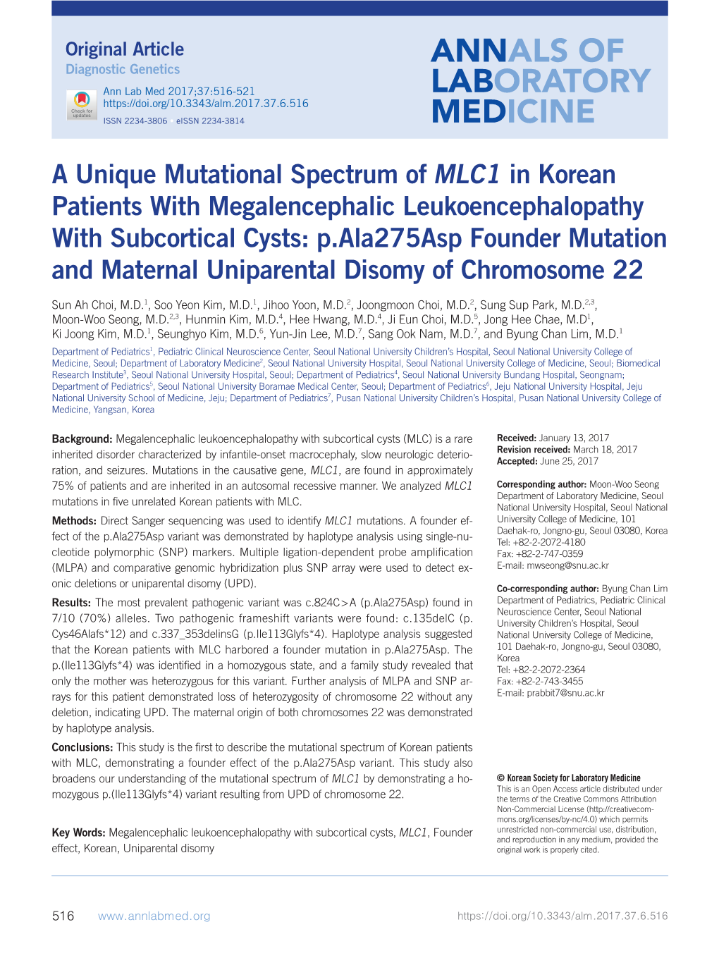 A Unique Mutational Spectrum of MLC1 in Korean Patients With