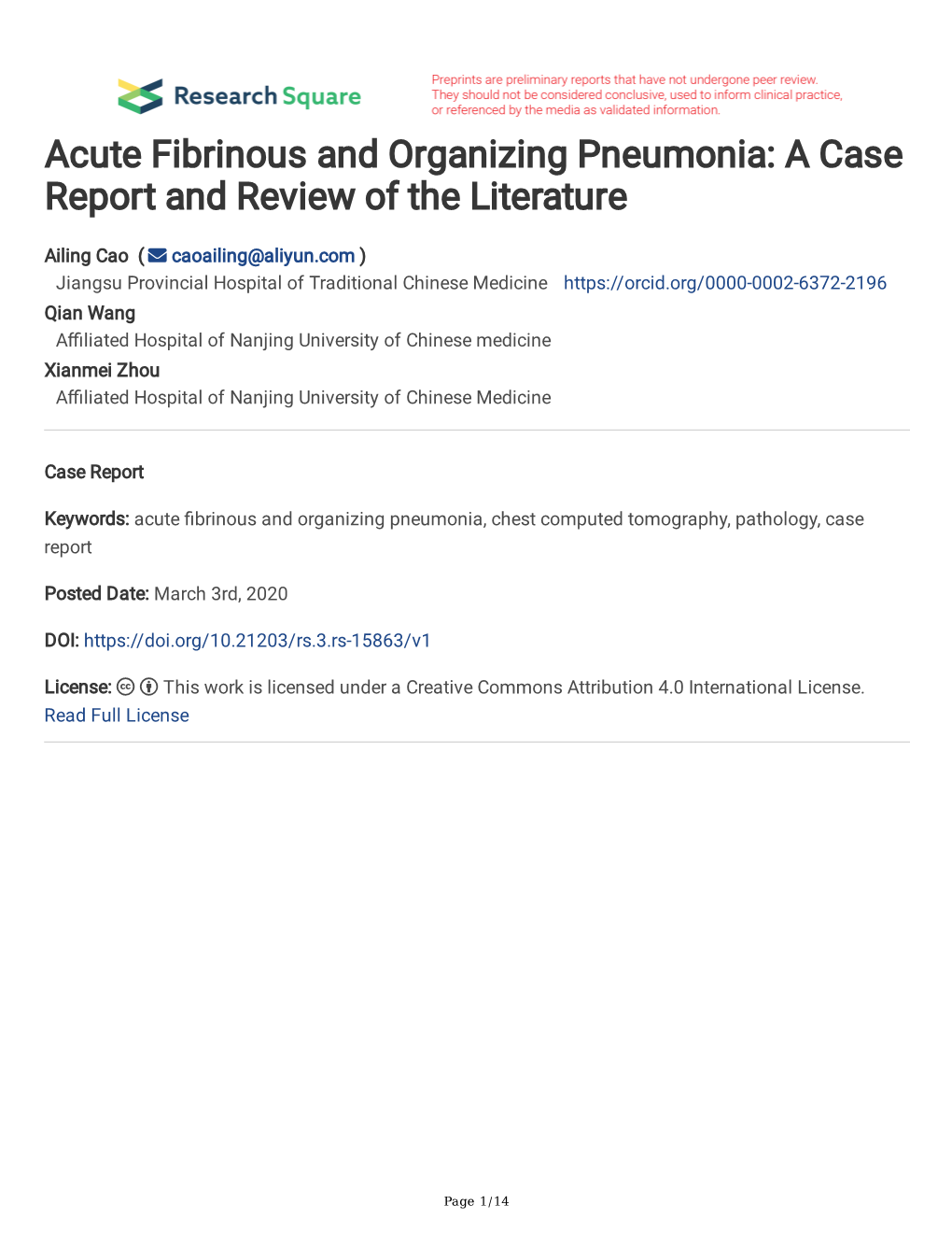 Acute Fibrinous and Organizing Pneumonia: a Case Report and Review of the Literature