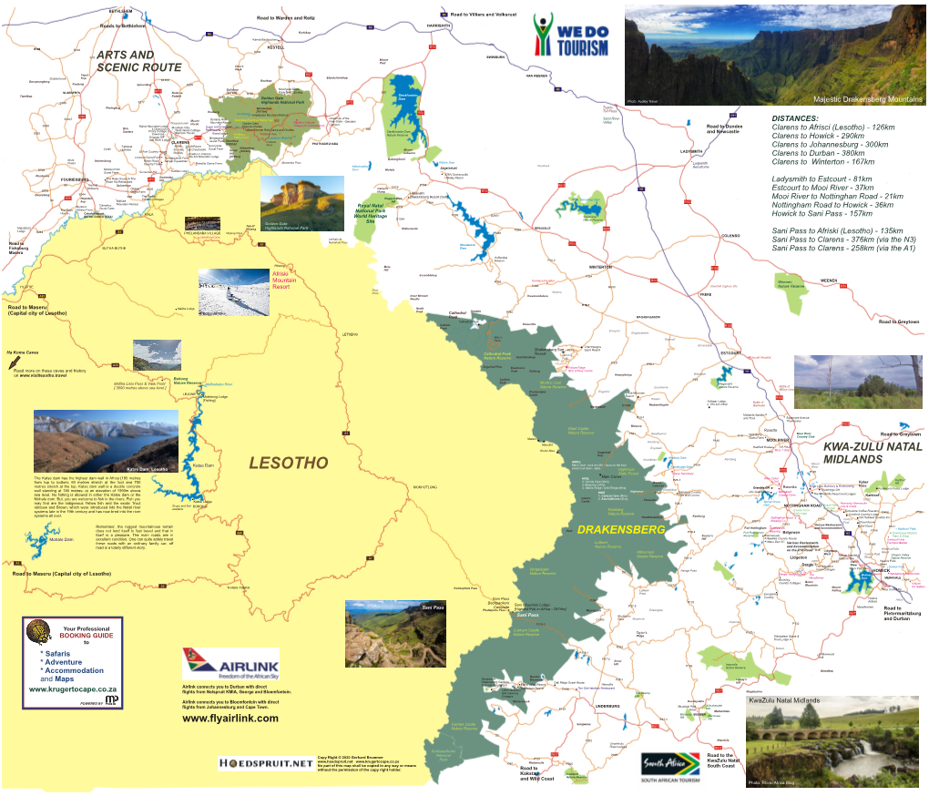 Drakensberg, Clerens, Lesotho, Midlands Meander Map 2020.Cdr