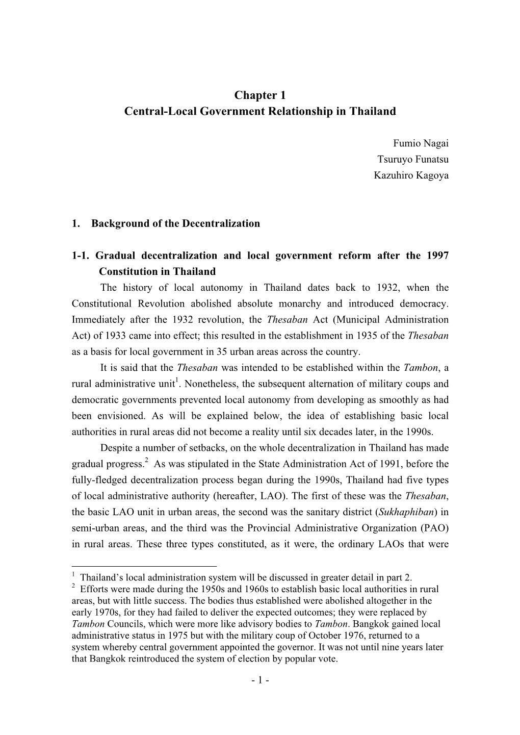 Central-Local Government Relationship in Thailand