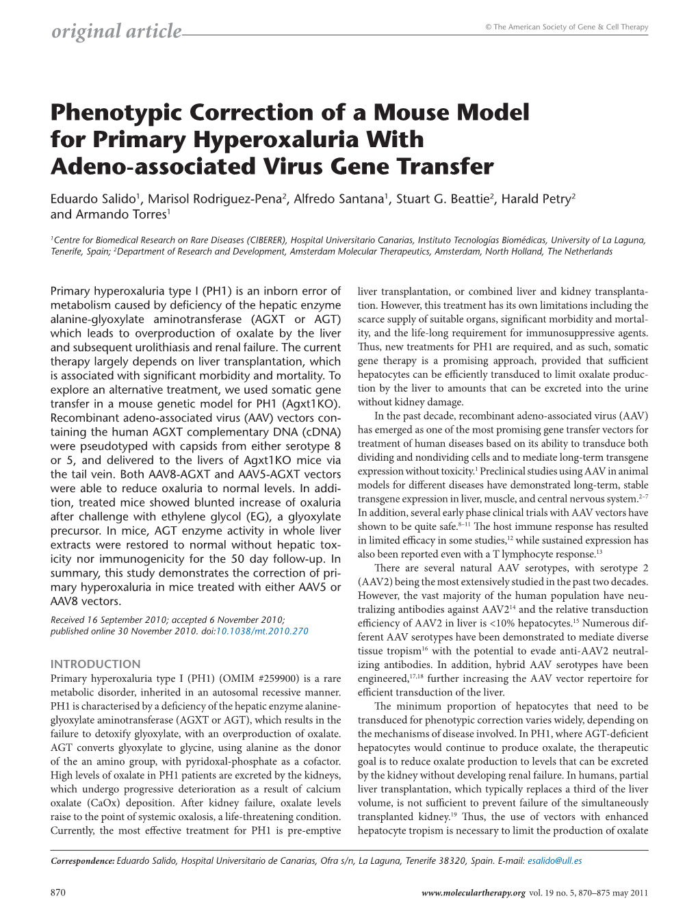 Phenotypic Correction of a Mouse Model for Primary Hyperoxaluria with Adeno-Associated Virus Gene Transfer