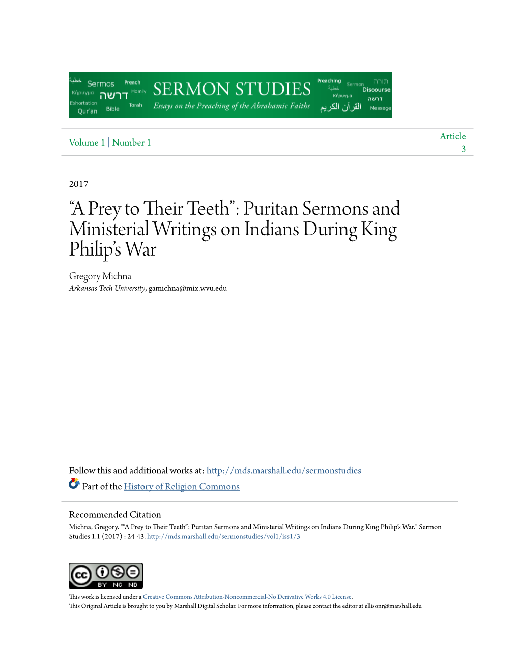 Puritan Sermons and Ministerial Writings on Indians During King Philip’S War Gregory Michna Arkansas Tech University, Gamichna@Mix.Wvu.Edu