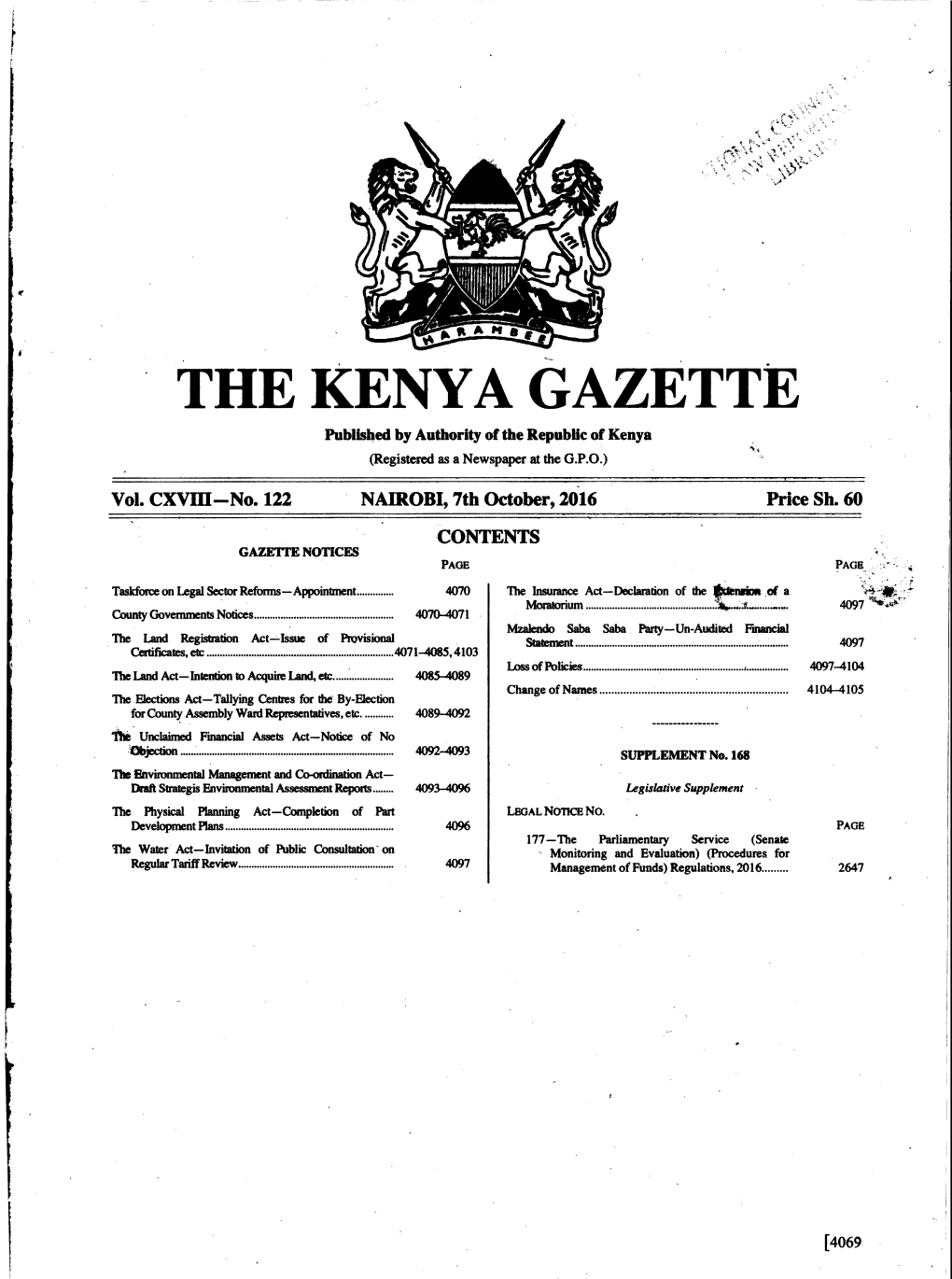 THEKENYAGAZETTE Publtshed by Authority of the Republtc of Kenya *T* (Registered As a Newspaper at the G.P.O.)