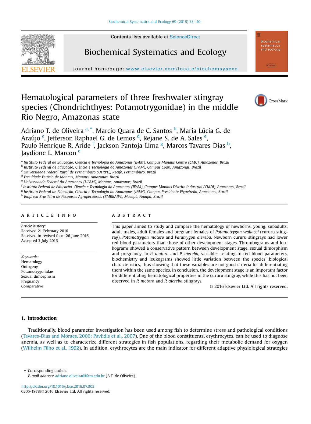 Hematological Parameters of Three Freshwater Stingray Species (Chondrichthyes: Potamotrygonidae) in the Middle Rio Negro, Amazonas State