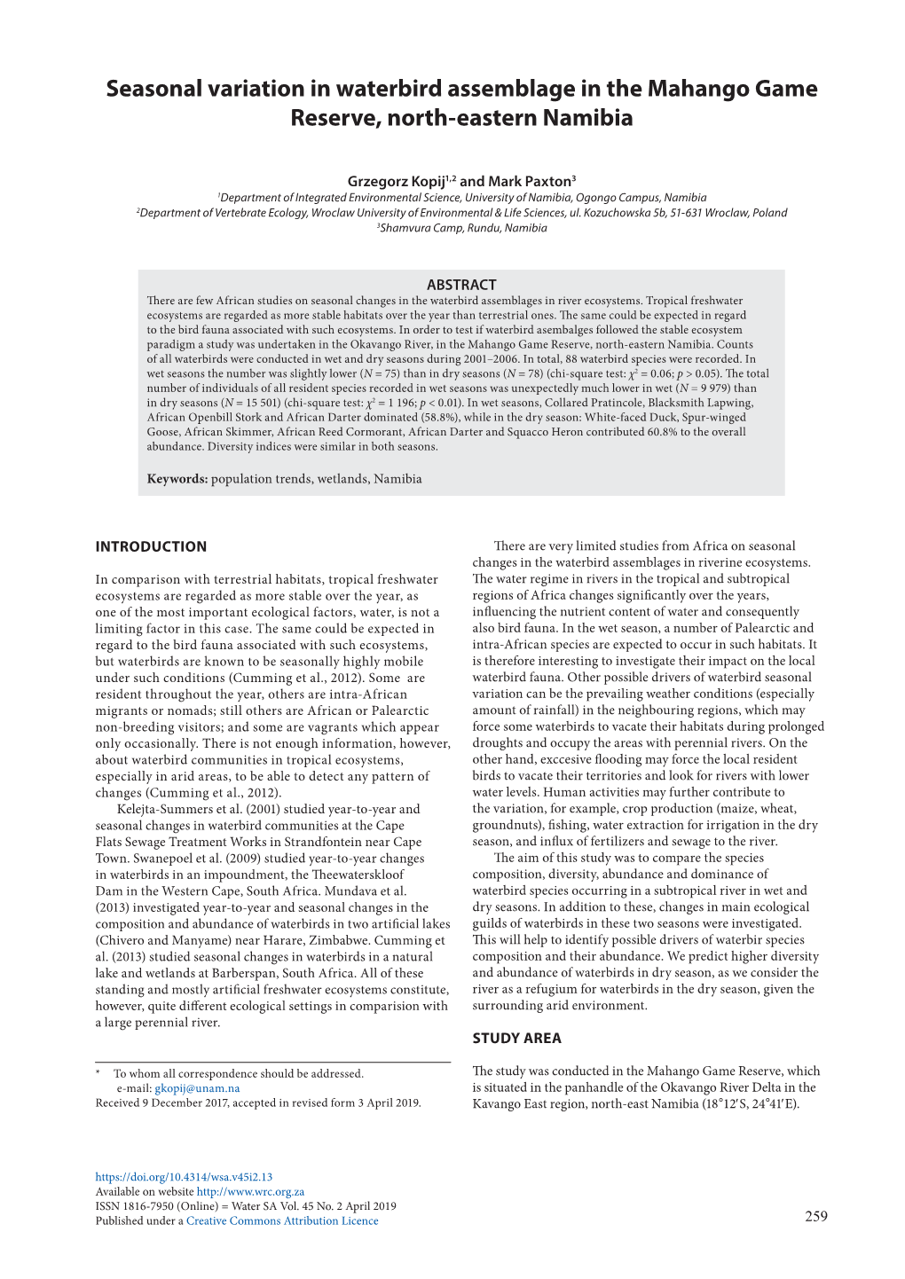 Seasonal Variation in Waterbird Assemblage in the Mahango Game Reserve, North-Eastern Namibia