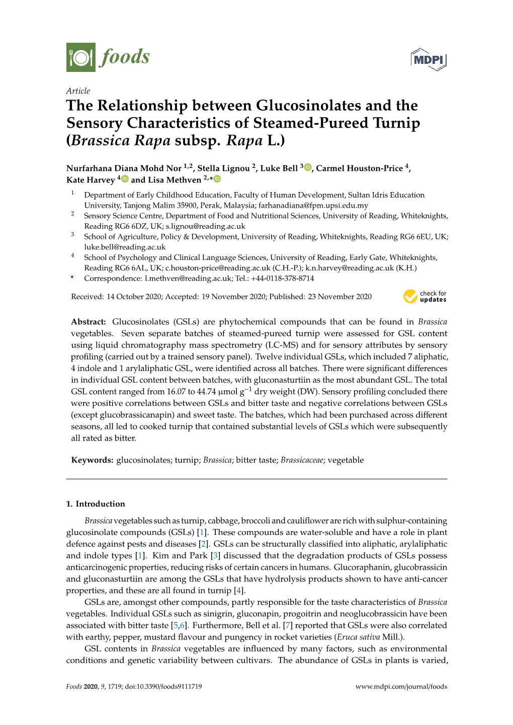 The Relationship Between Glucosinolates and the Sensory Characteristics of Steamed-Pureed Turnip (Brassica Rapa Subsp