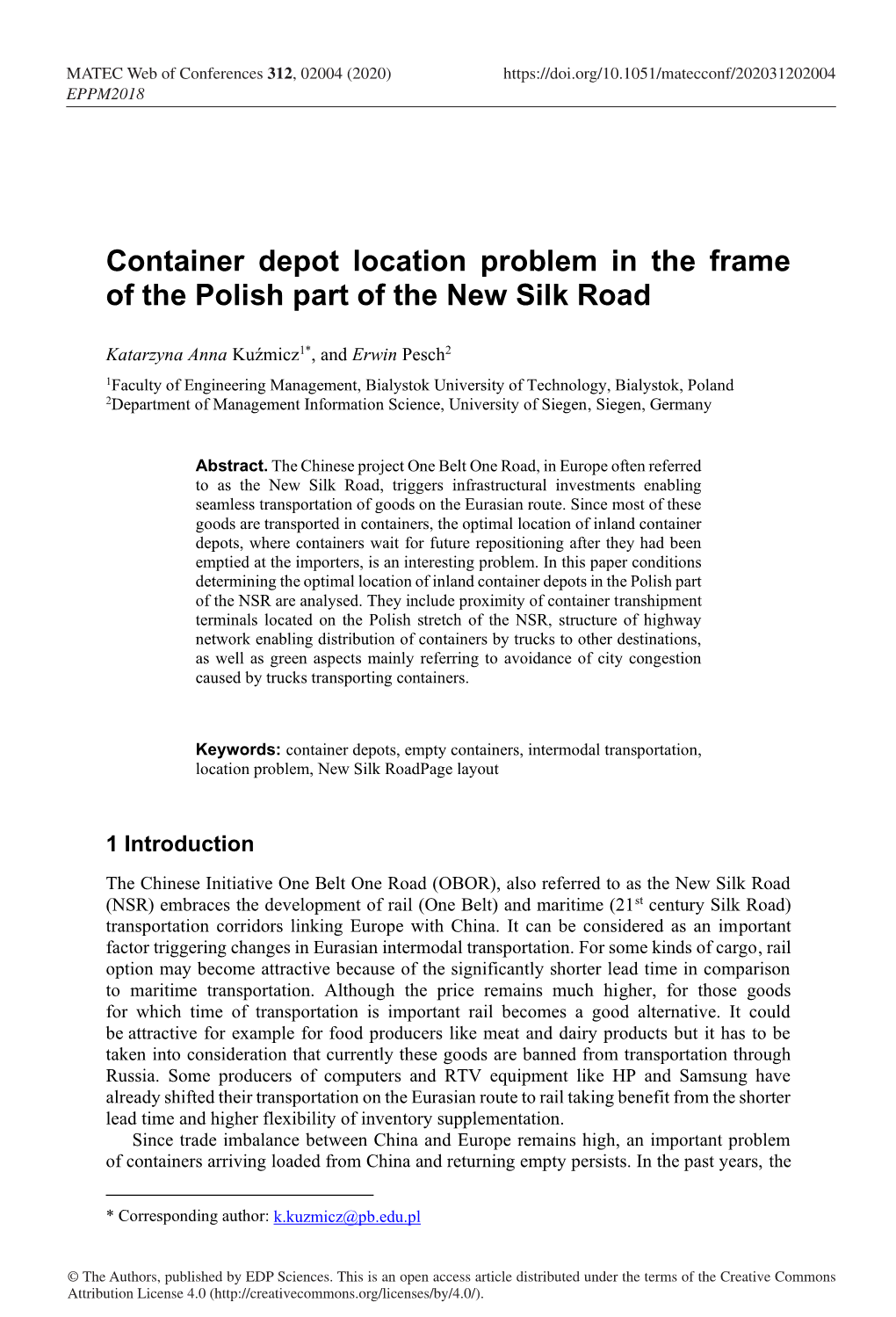 Container Depot Location Problem in the Frame of the Polish Part of the New Silk Road