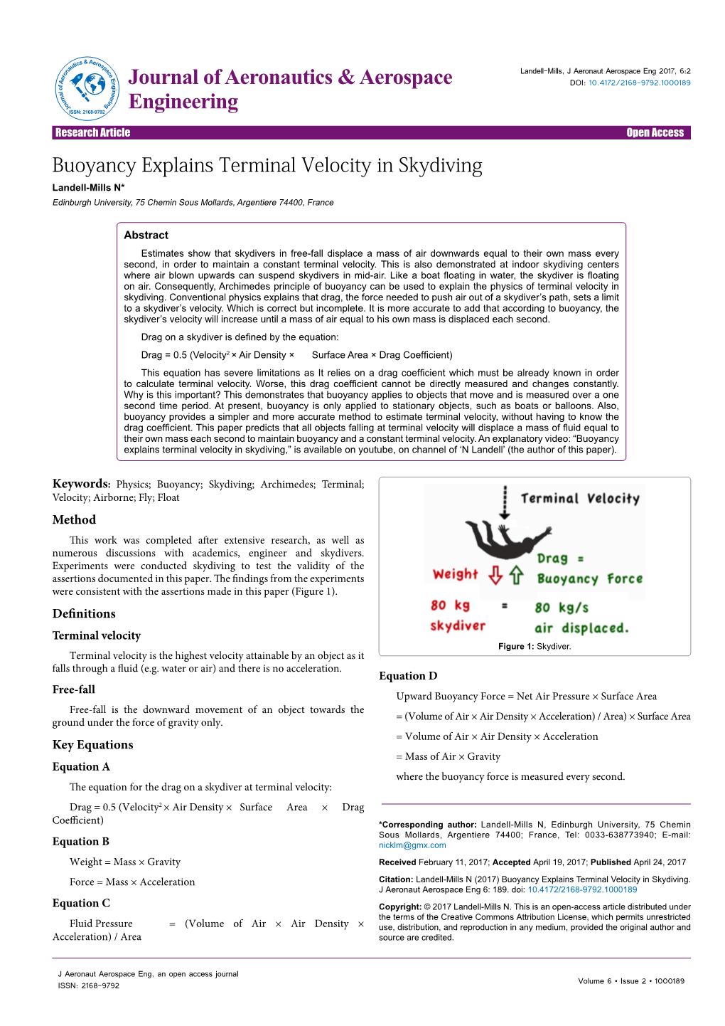 Buoyancy Explains Terminal Velocity in Skydiving Landell-Mills N* Edinburgh University, 75 Chemin Sous Mollards, Argentiere 74400, France