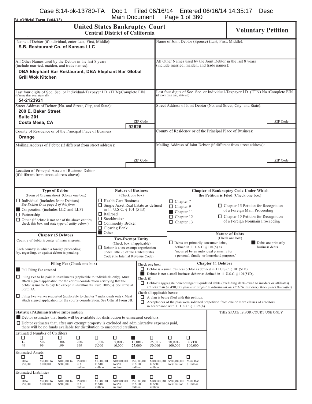 United States Bankruptcy Court Voluntary Petition