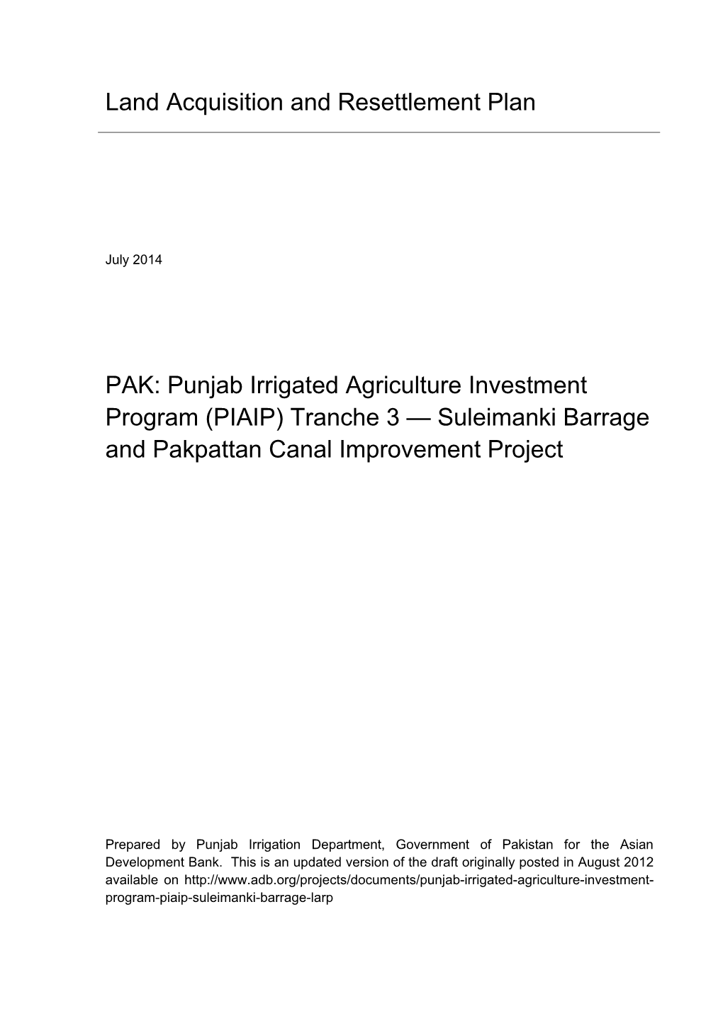 Punjab Irrigated Agriculture Investment Program (PIAIP) Tranche 3 — Suleimanki Barrage and Pakpattan Canal Improvement Project