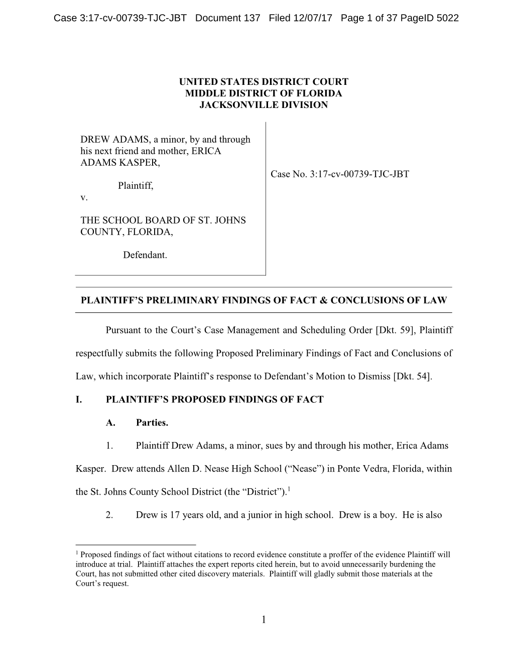 Case 3:17-Cv-00739-TJC-JBT Document 137 Filed 12/07/17 Page 1 of 37 Pageid 5022