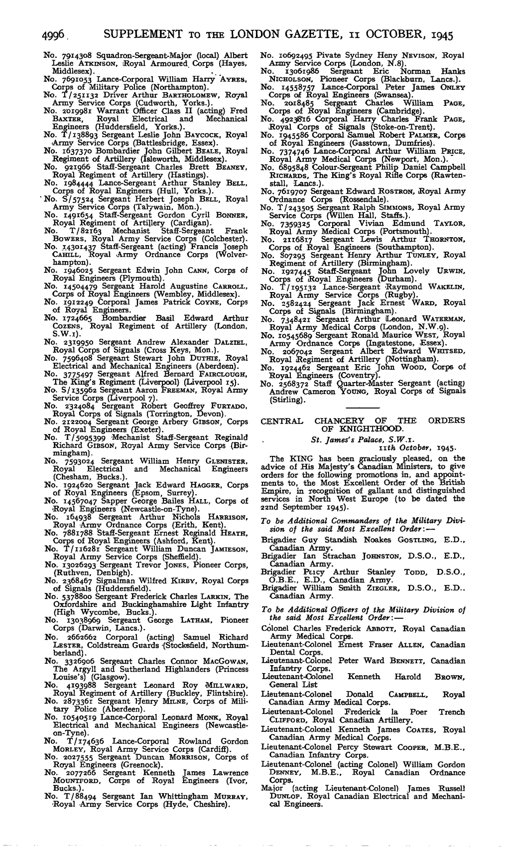 4996, SUPPLEMENT to the LONDON GAZETTE, N OCTOBER, 1945 No