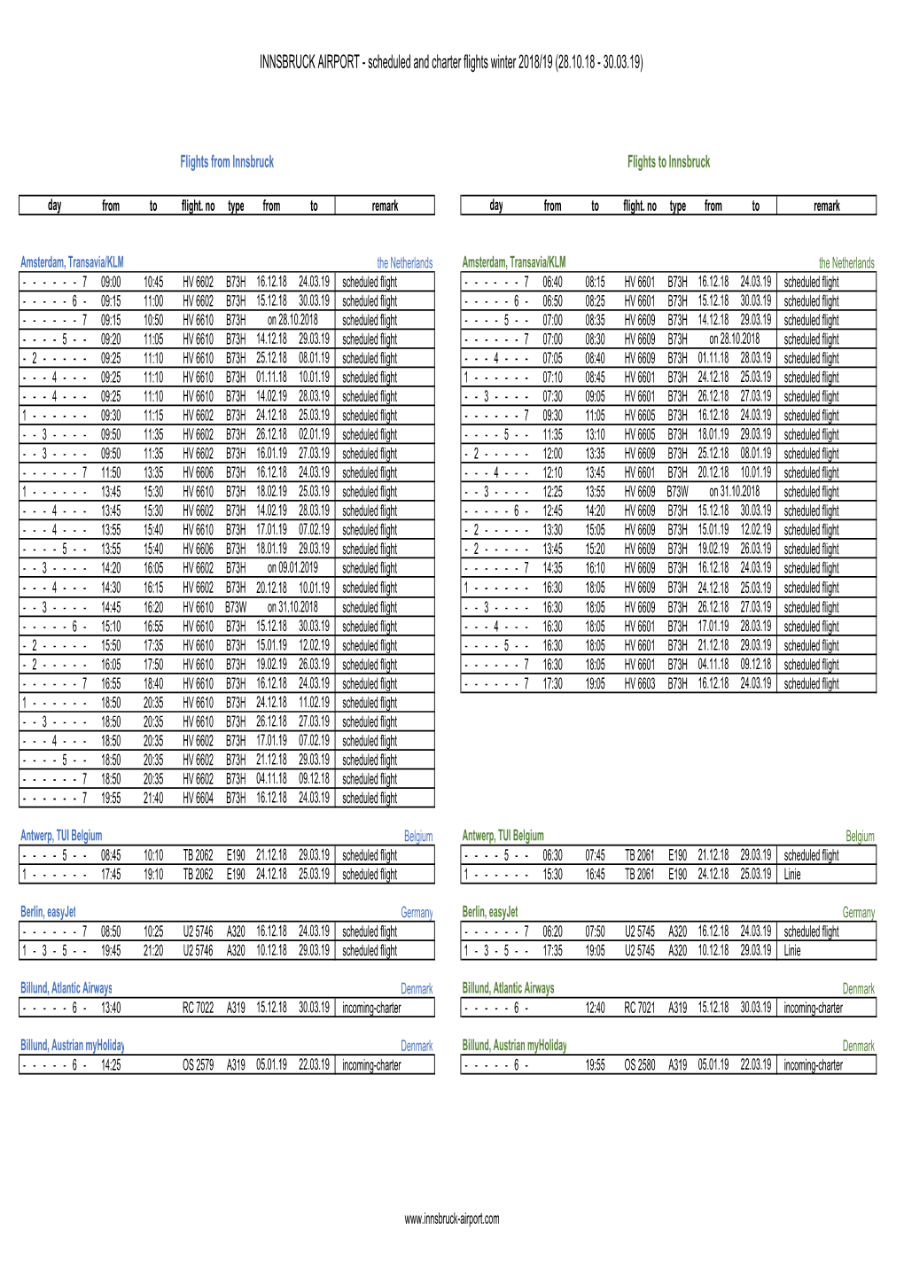 INNSBRUCK AIRPORT - Scheduled and Charter Flights Winter 2018/19 (28.10.18 - 30.03.19)
