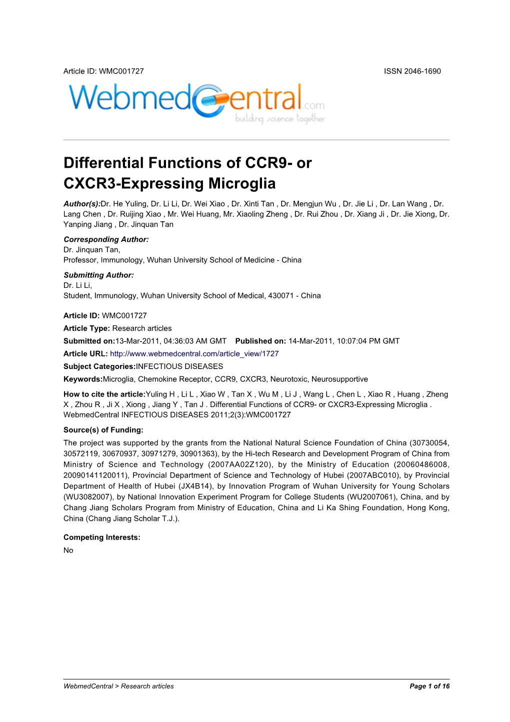 Differential Functions of CCR9- Or CXCR3-Expressing Microglia