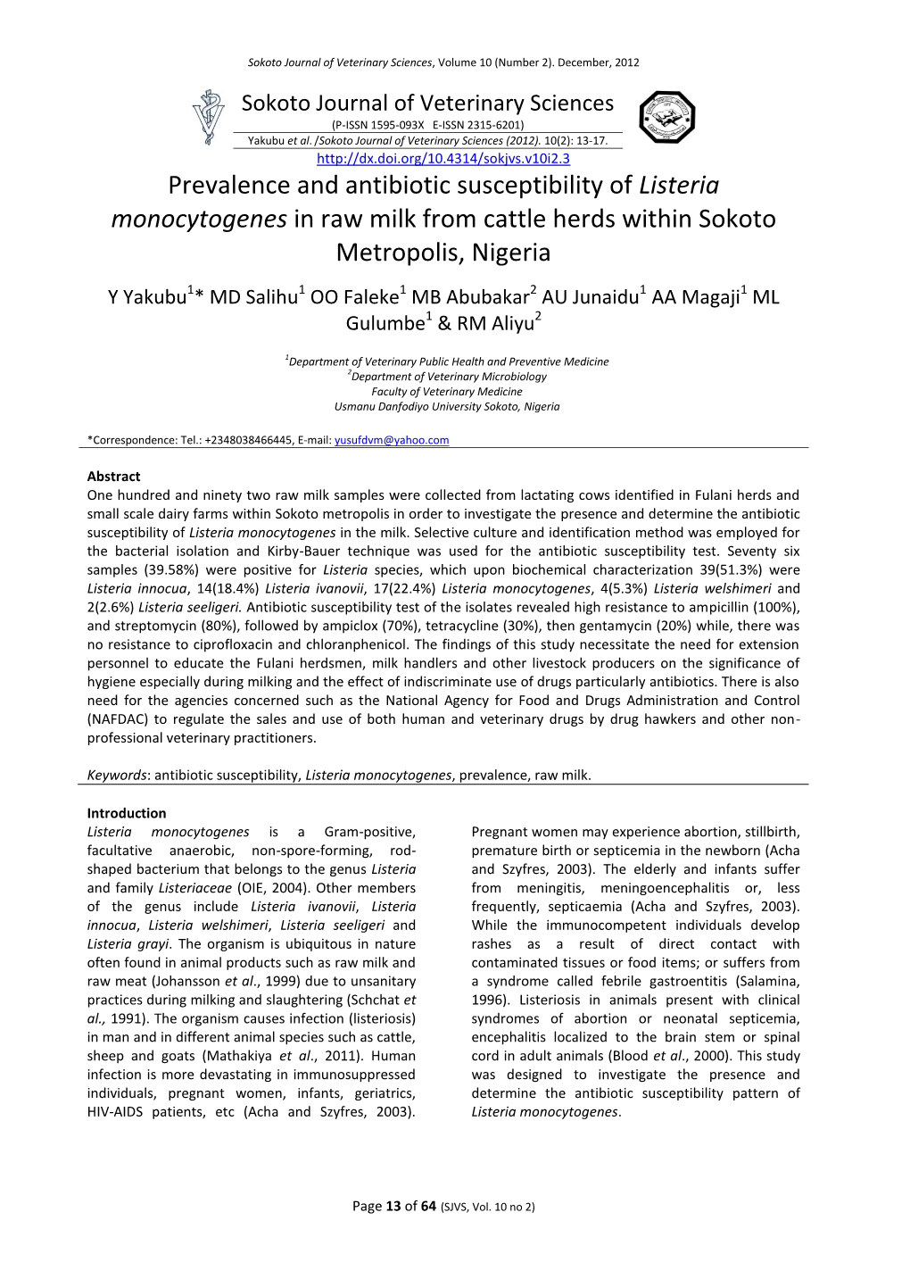 Prevalence and Antibiotic Susceptibility of Listeria