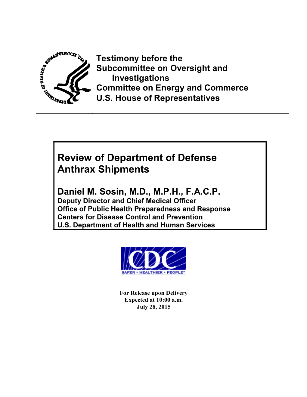 Review of Department of Defense Anthrax Shipments