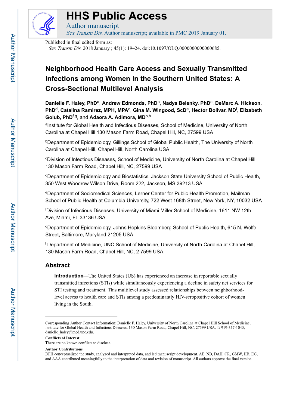 Neighborhood Health Care Access and Sexually Transmitted Infections Among Women in the Southern United States: a Cross-Sectional Multilevel Analysis