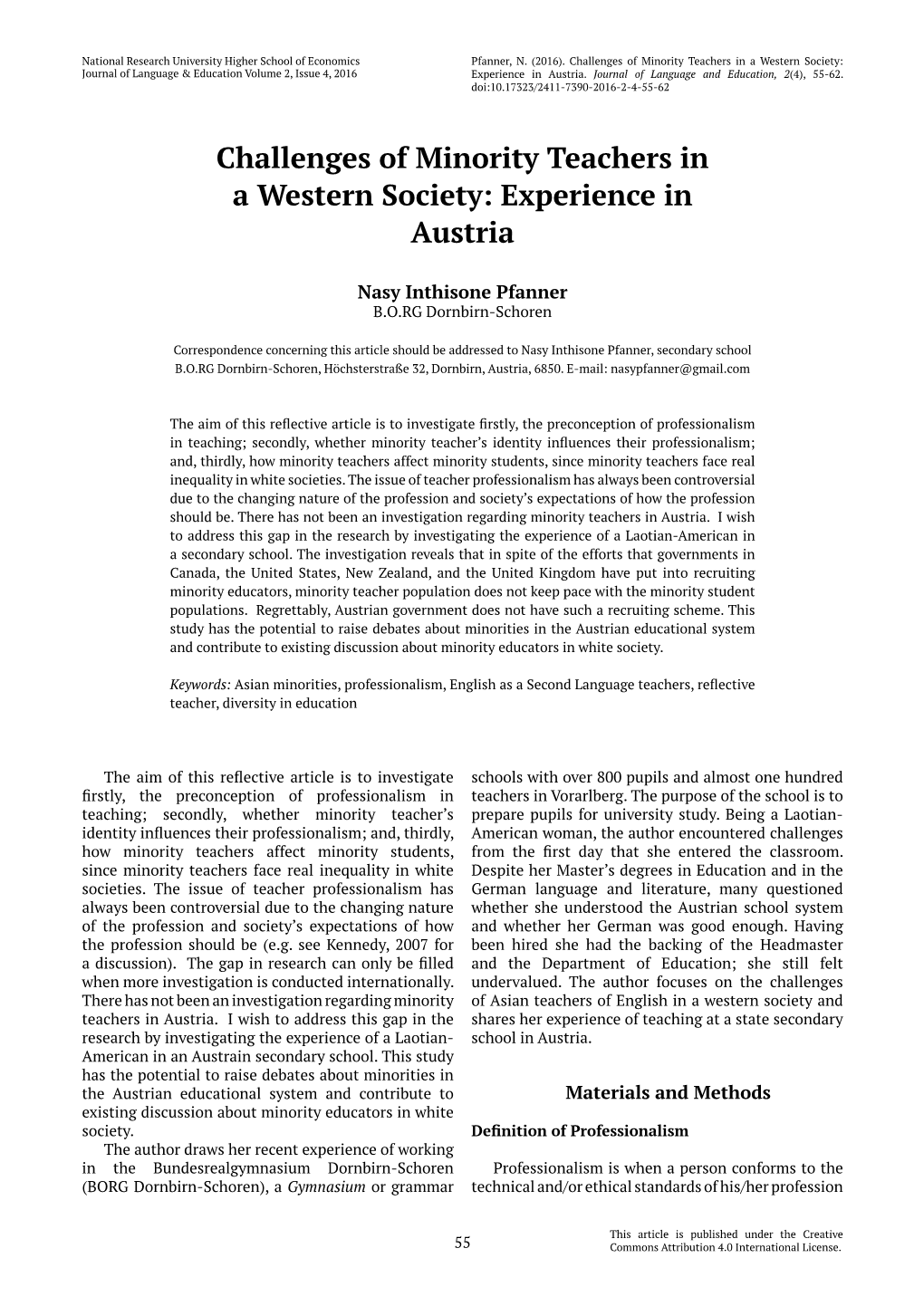 Challenges of Minority Teachers in a Western Society: Journal of Language & Education Volume 2, Issue 4, 2016 Experience in Austria