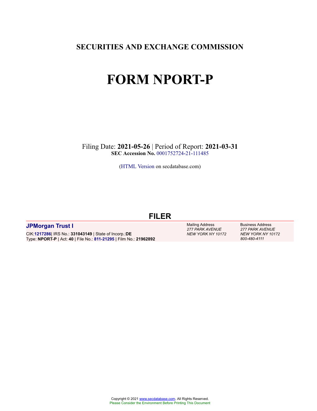 Jpmorgan Trust I Form NPORT-P Filed 2021-05-26