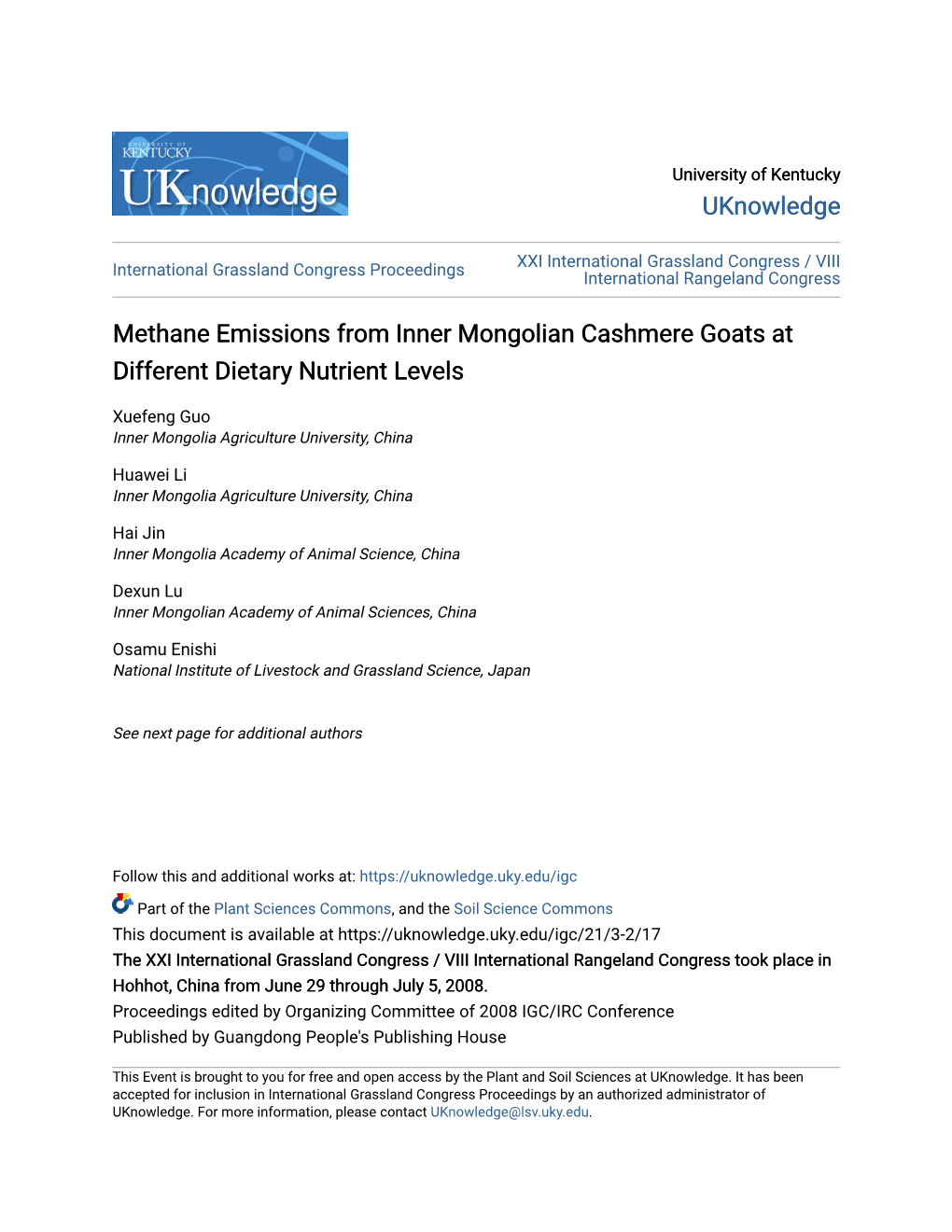 Methane Emissions from Inner Mongolian Cashmere Goats at Different Dietary Nutrient Levels