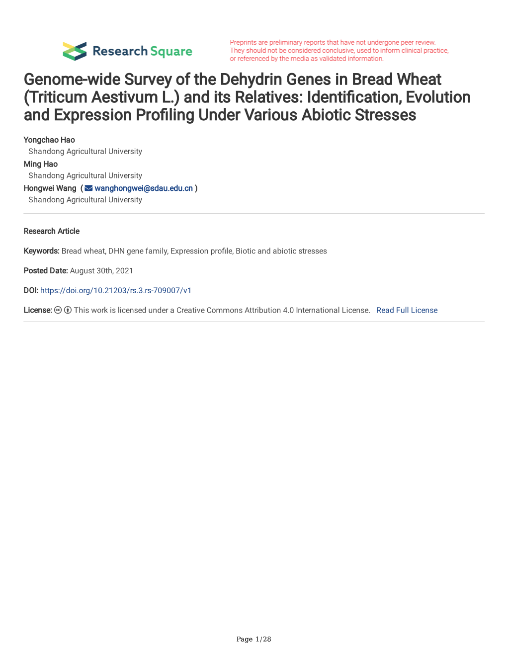 Genome-Wide Survey of the Dehydrin Genes in Bread