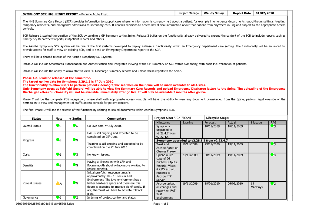 Symphony SCR Highlight Report V1.8 Page 2 of 5