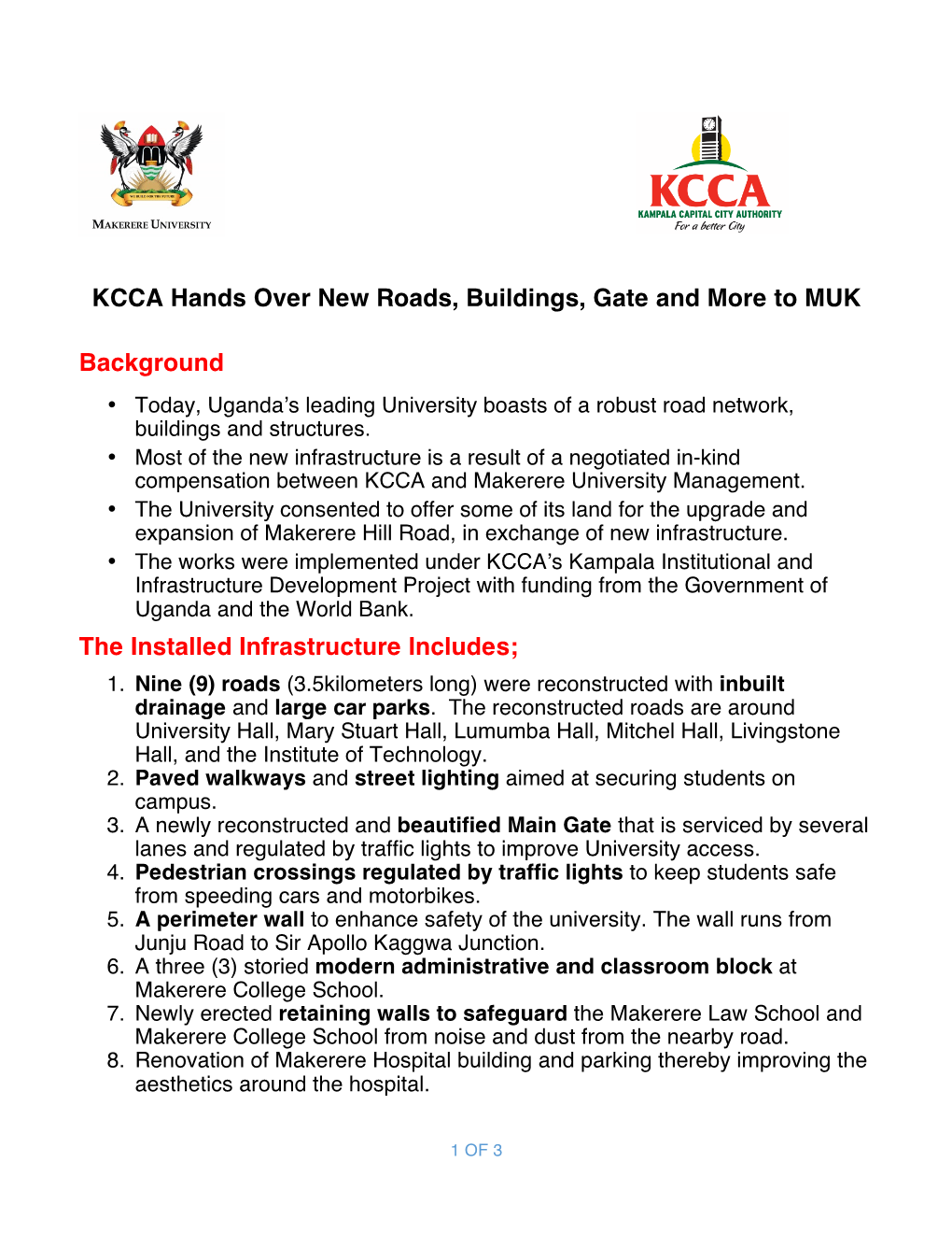 KCCA Hands Over New Roads, Buildings, Gate and More to MUK