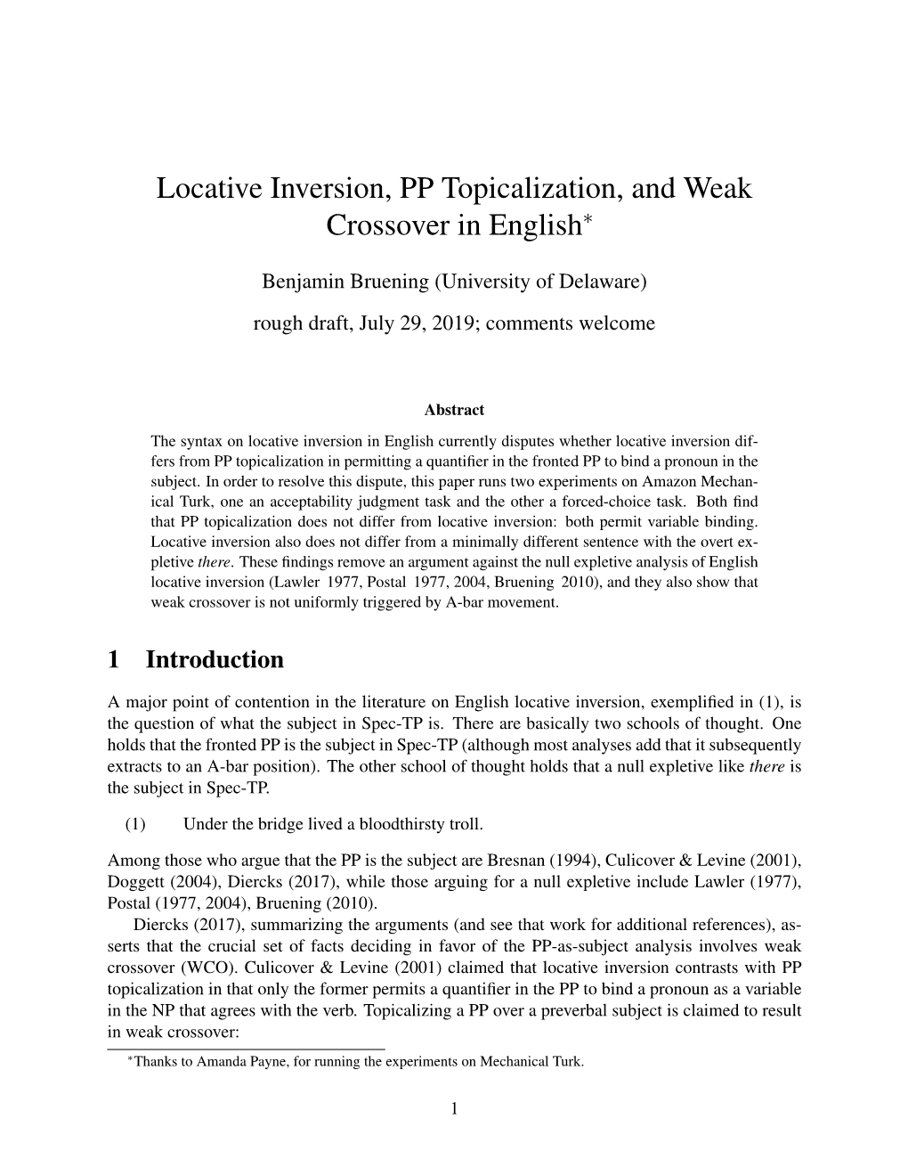 Locative Inversion, PP Topicalization, and Weak Crossover in English∗