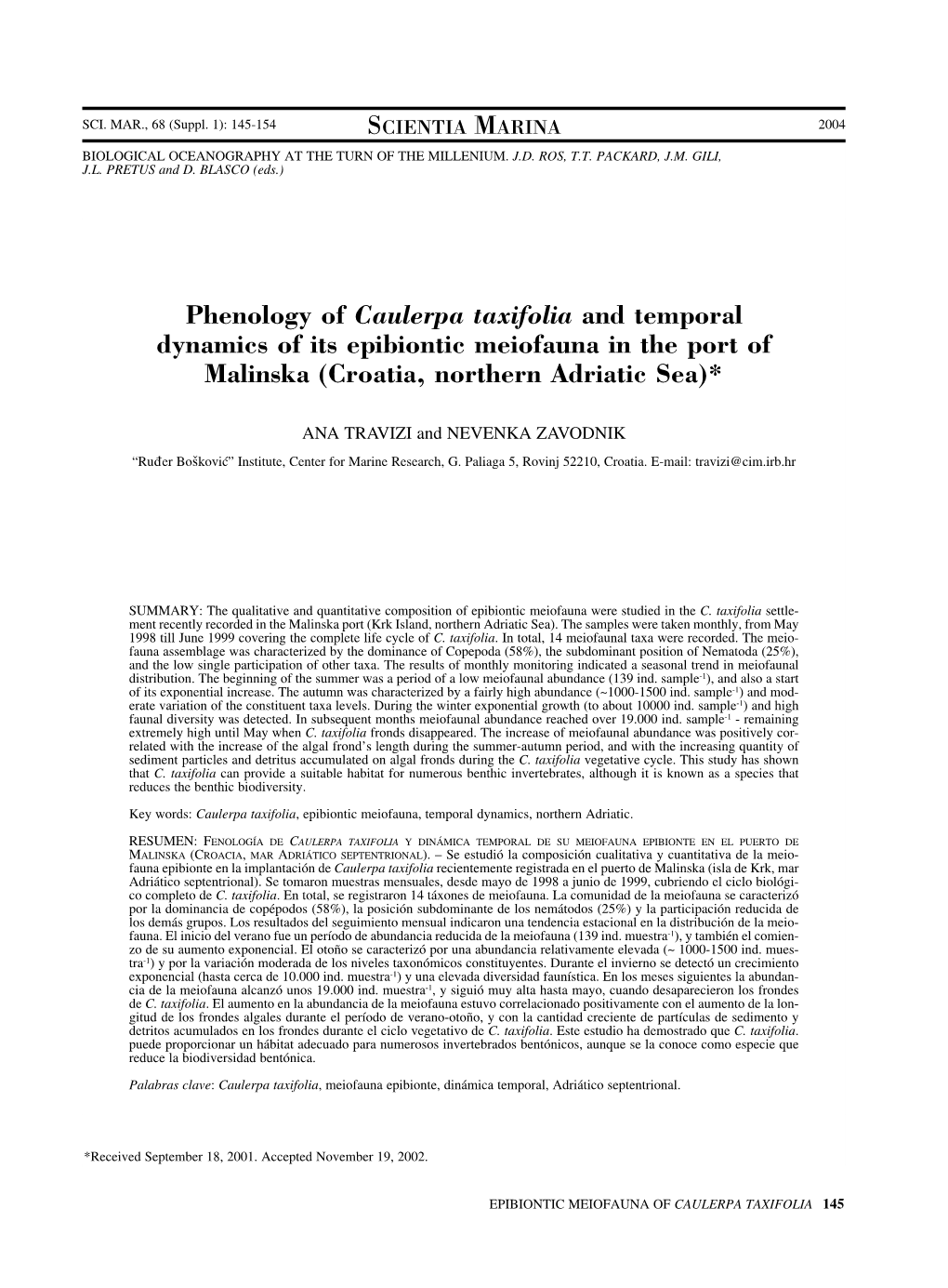 Phenology of Caulerpa Taxifolia and Temporal Dynamics of Its Epibiontic Meiofauna in the Port of Malinska (Croatia, Northern Adriatic Sea)*