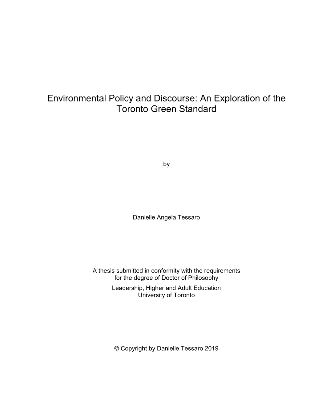 Environmental Policy and Discourse: an Exploration of the Toronto Green Standard
