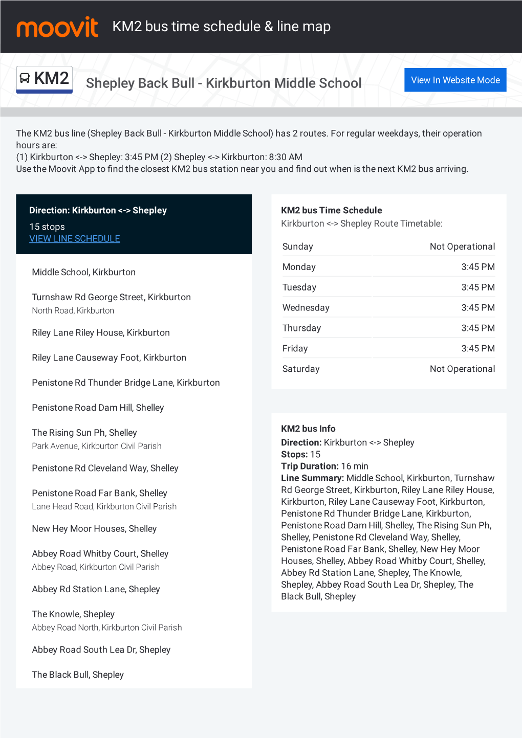 KM2 Bus Time Schedule & Line Route