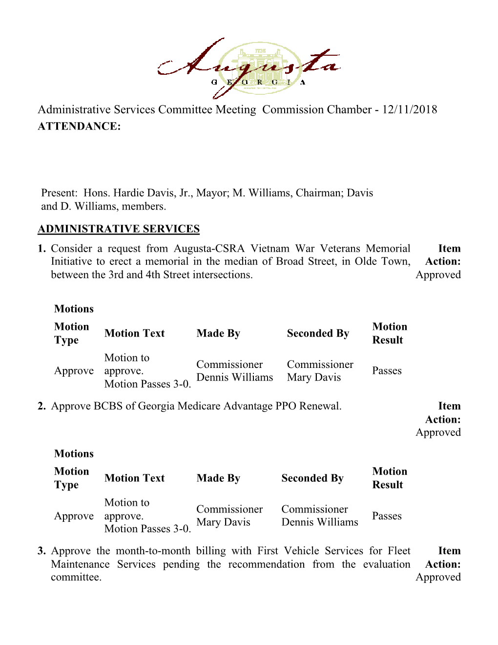 Administrative Services Committee Meeting Commission Chamber - 12/11/2018 ATTENDANCE
