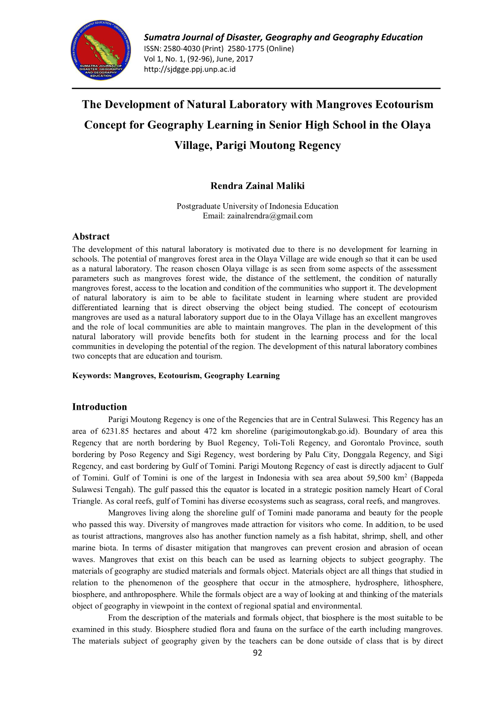 The Development of Natural Laboratory with Mangroves Ecotourism Concept for Geography Learning in Senior High School in the Olaya Village, Parigi Moutong Regency