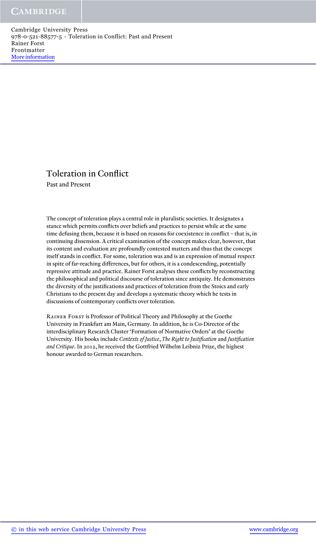 Toleration in Conflict: Past and Present Rainer Forst Frontmatter More Information