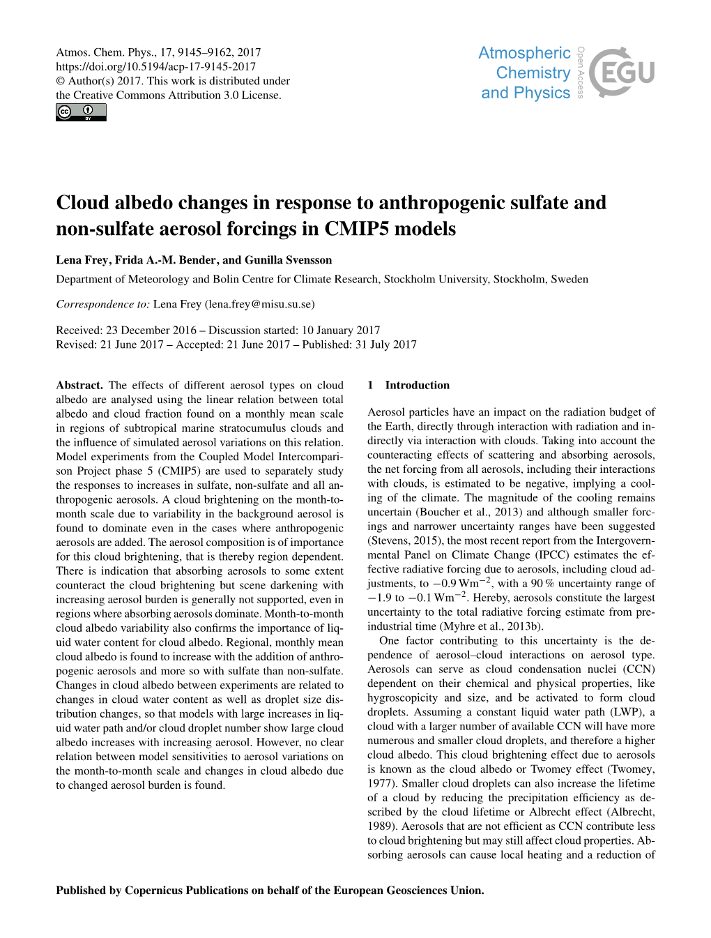 Cloud Albedo Changes in Response to Anthropogenic Sulfate and Non-Sulfate Aerosol Forcings in CMIP5 Models