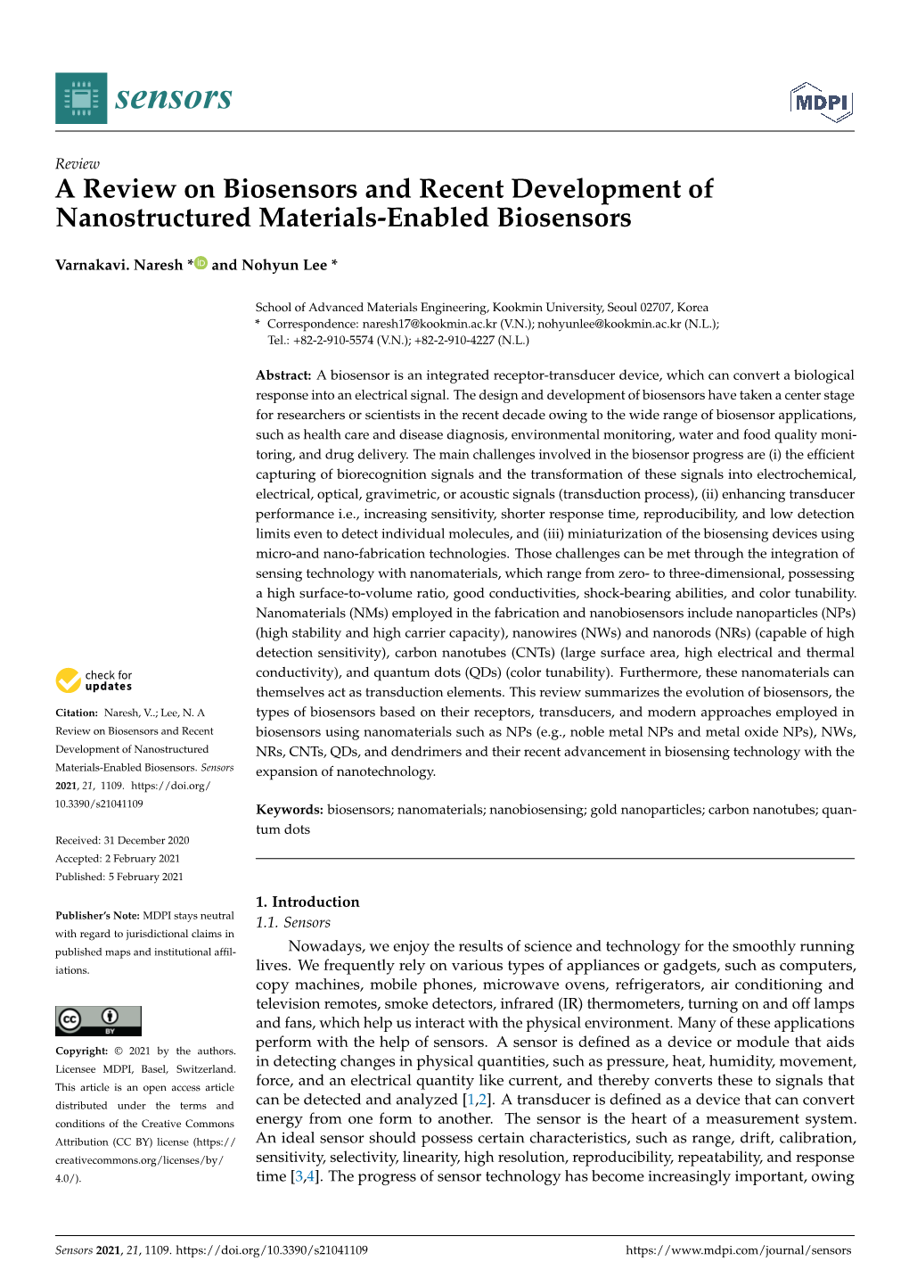 A Review on Biosensors and Recent Development of Nanostructured Materials-Enabled Biosensors