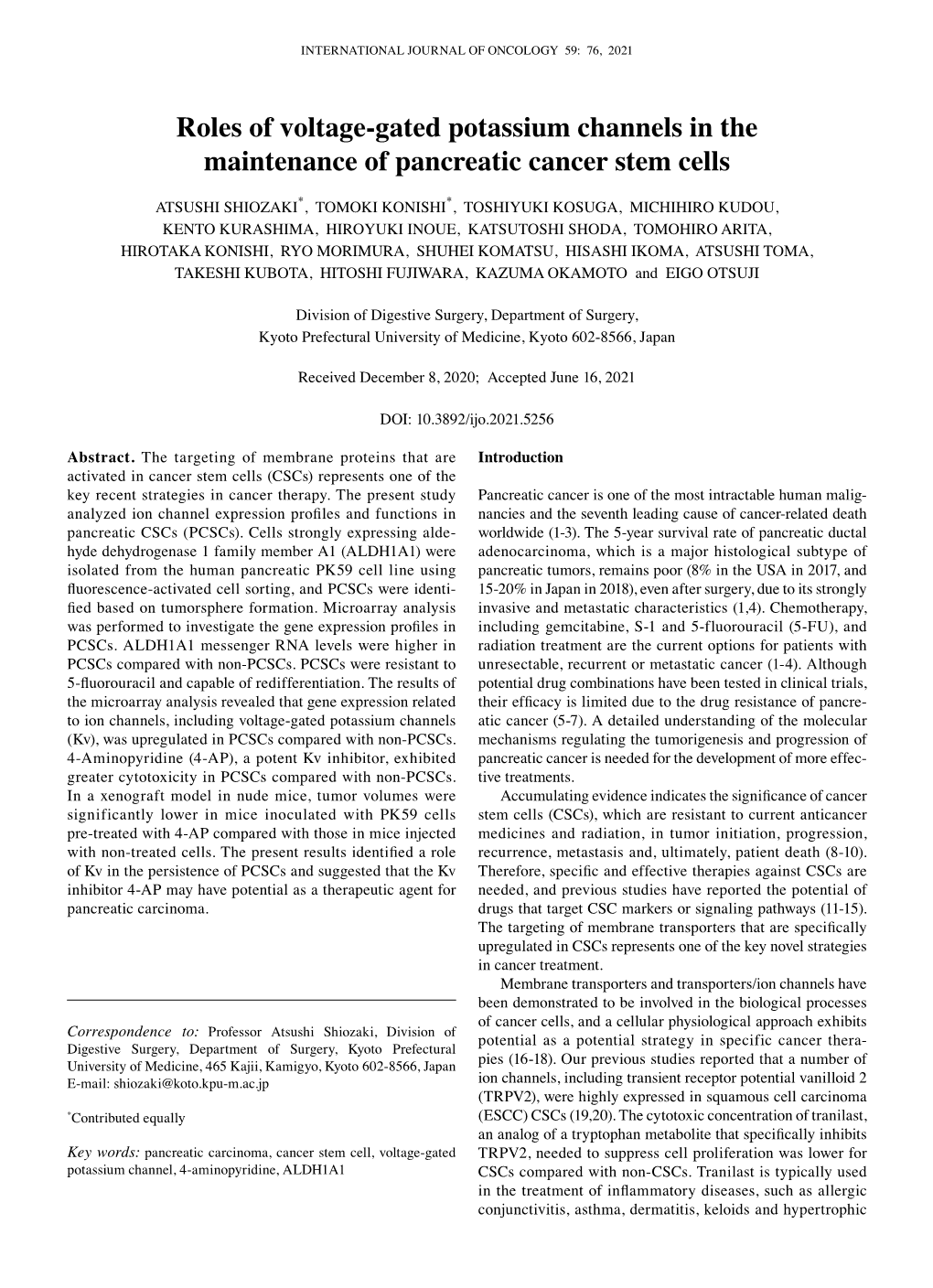 Roles of Voltage‑Gated Potassium Channels in the Maintenance of Pancreatic Cancer Stem Cells