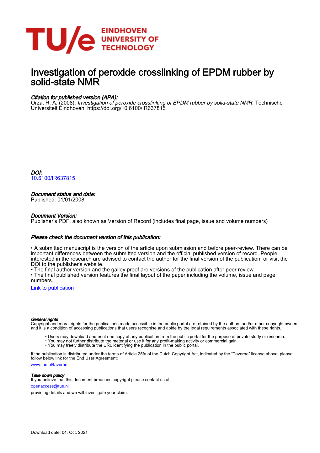 Investigation of Peroxide Crosslinking of EPDM Rubber by Solid-State NMR