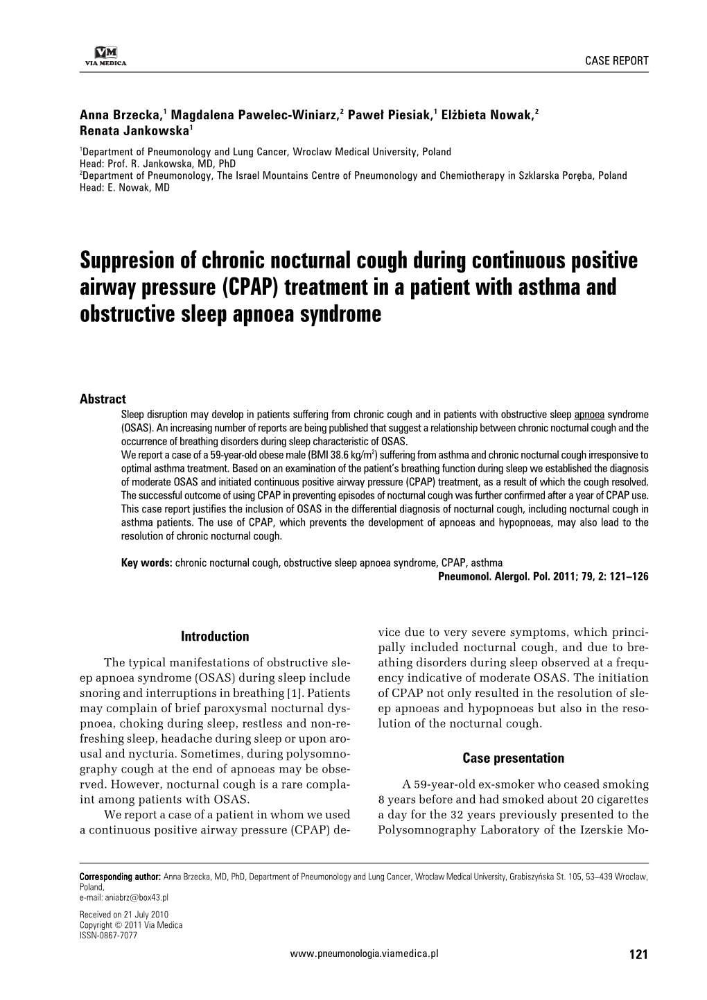 Suppresion of Chronic Nocturnal Cough During Continuous Positive Airway Pressure (CPAP) Treatment in a Patient with Asthma and Obstructive Sleep Apnoea Syndrome