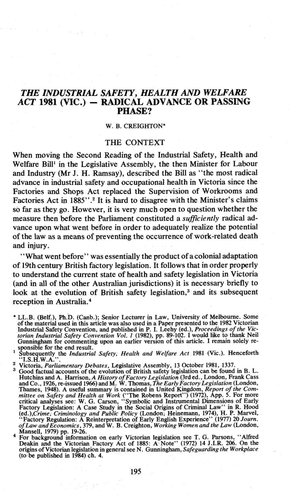 The Industrial Safety, Health and Welfare Act 1981 (Vic.) - Radical Advance Or Passing Phase? W